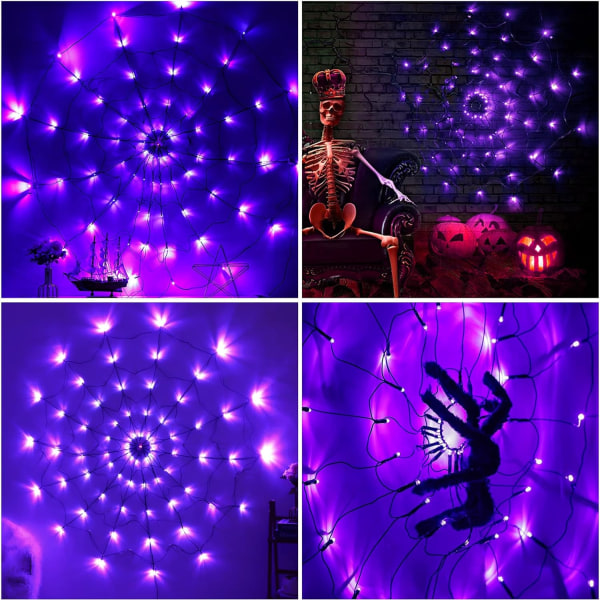 4 fot stort spindelnät med 70 LED-halloweenljus och 1 hår, ZQKLA