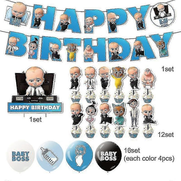 Baby Boss Bursdagsfest Dekorationssett - Gratulerer med dagen Banner Kaketopper Ballonger