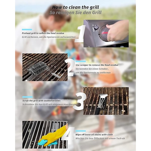 Grillbørste, 3 i 1 Grillbørste med Langt Håndtak Rengjøring B