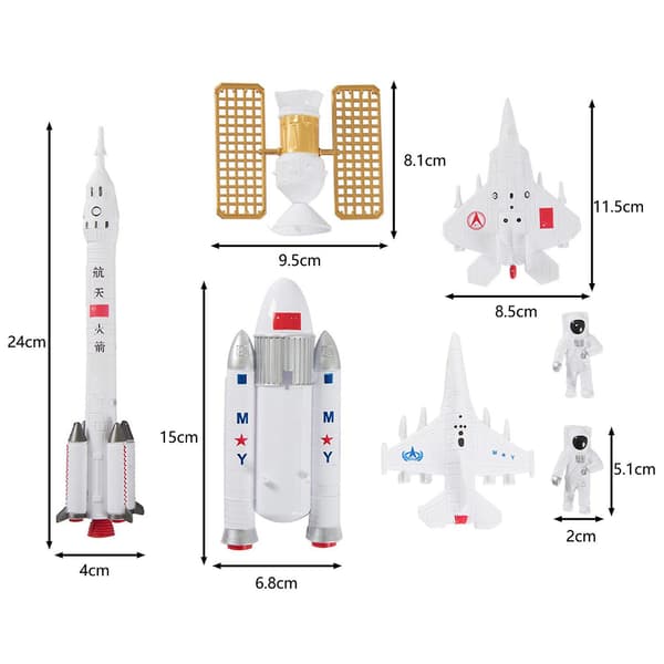 7-delt kakepyntsett - Raketter, romstasjon, fly, astronauter - Modellleker til bursdagskake