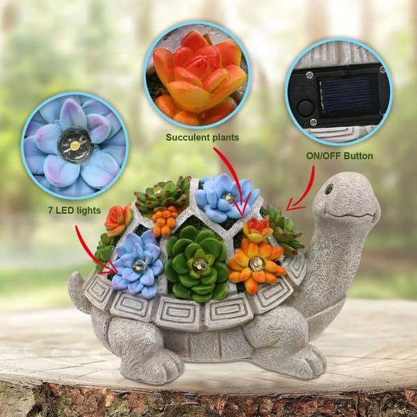Solar hage skilpadde statue ornament med sukkulent og 7 LED-lys
