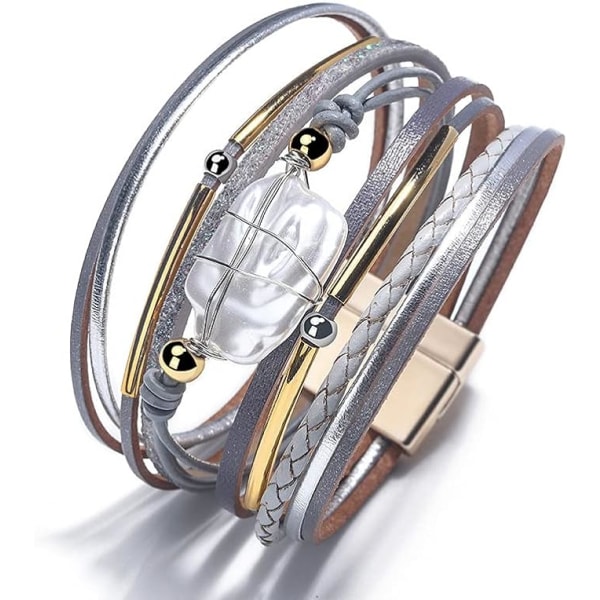 Leopard Armbånd for Kvinner, Boho Lær Wrap Multi-Layer Pe, ZQKLA