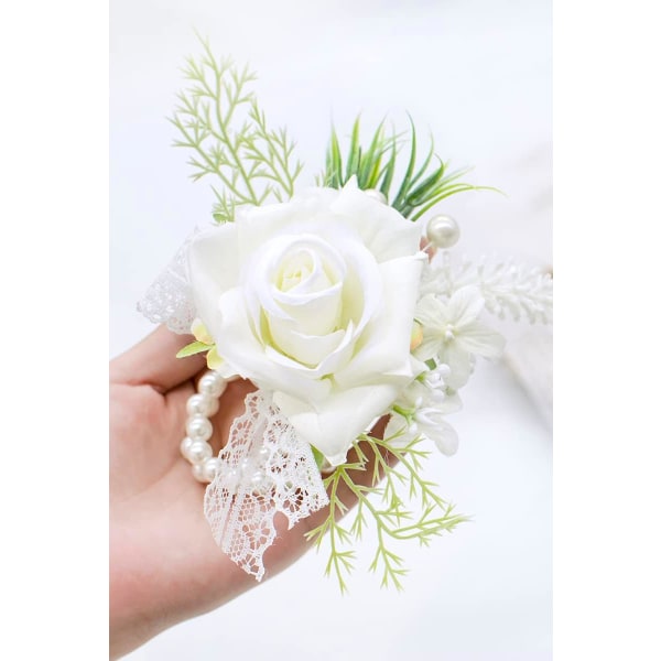 White Corsage og Boutonniere Sett Artificial Rose Flower Wri,ZQKLA