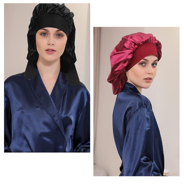 Pakke med 2 Sorte+Røde Satin Søvn Bonnet, Stor Satin Søvn, ZQKLA