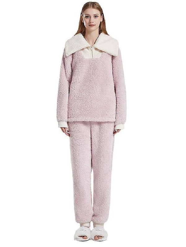 Dames Efterår og Vinter Stor Lapel Koralsamt Pyjamas Tykkere Varme Pyjamas Sæt - Pink M