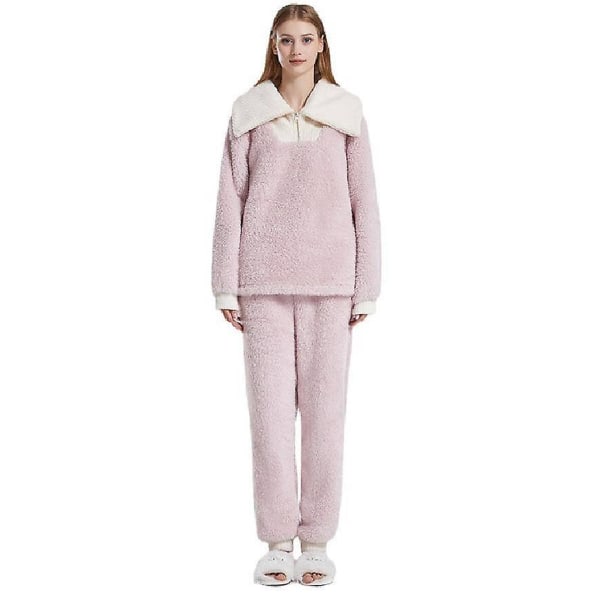 Kvinnors höst och vinter Stora lapel Coral Velvet Pyjamas Förtjockad Varm Pyjamas Set - Rosa M
