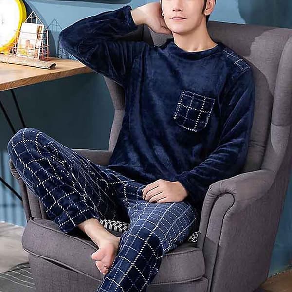 Mænds Pyjamas i Tyk, Varmt Flanel til Efterår og Vinter 2023 - Langærmet, Kongeblå, XL