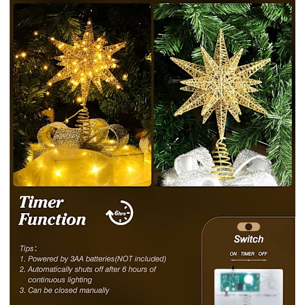 20 LED Lys Metallisk Stjerne Topper for Juletre Batteri O,ZQKLA