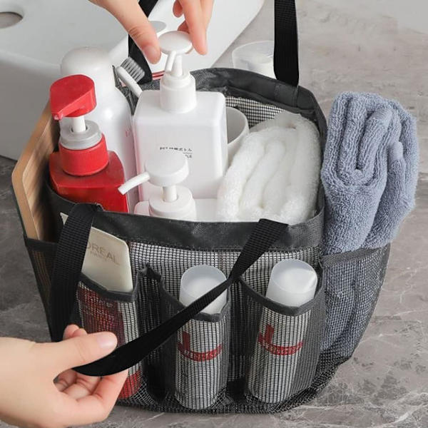 Mesh vaskpose, Bærbar Hengende Tote Bad Organizer Mesh Strand Ba