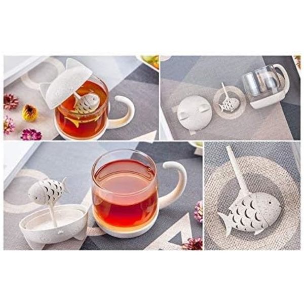 - 250ML Katteformet Glas Te Kop med Fisk Formet Infuser, ZQKLA