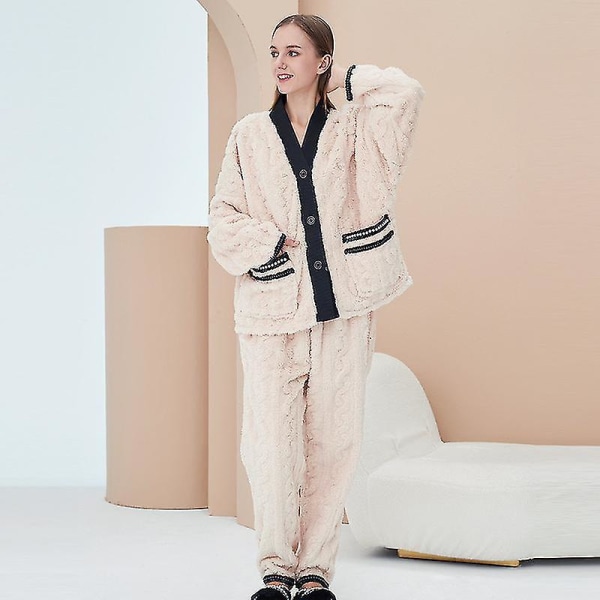Vintervarme Fløjls Pyjamas til Kvinder - Hjemmetøj Pyjamas Sæt Kan Bæres Udenfor - Beige L
