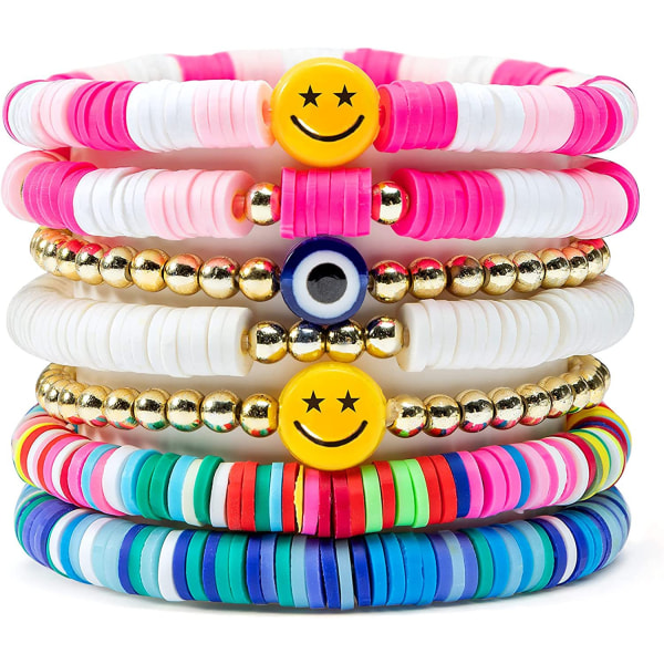 7 stk Heishi Surfer Armbånd Sæt Farverigt Preppy Happy Smile, ZQKLA