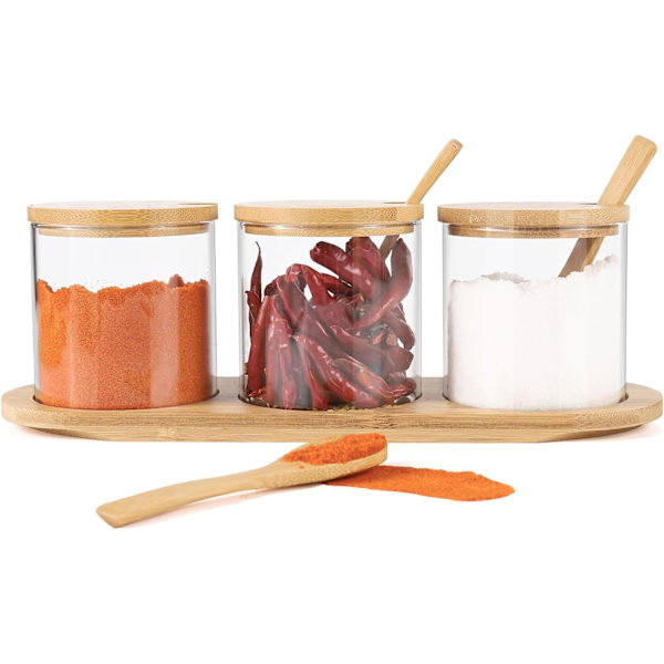3x300ML kryddburkar Glasburk sockerburkar saltburkar Set Bambuluckor