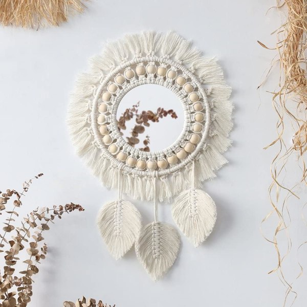 Macrame hængende vægspejl - Boho frynser rund håndlavet dec,ZQKLA