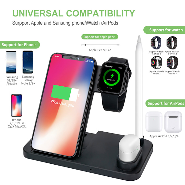 4 i 1 Trådløs Oplader, Dockingstation til Apple Watch/AirPods/