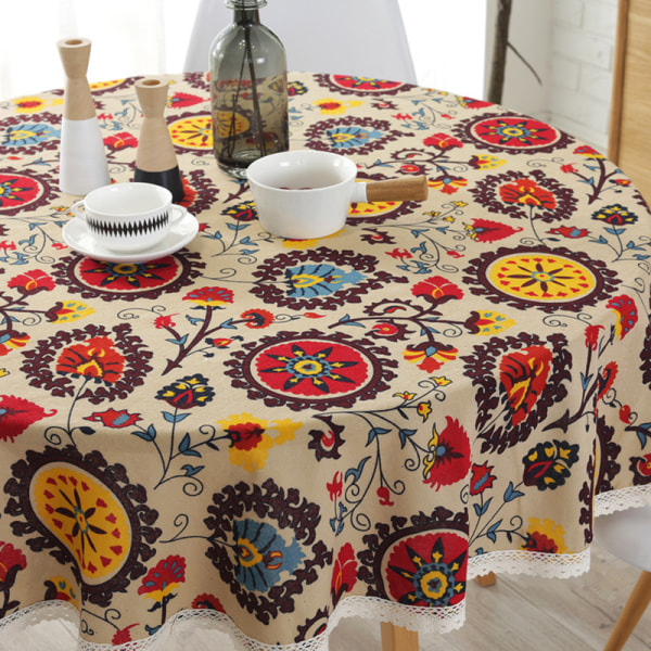 Boho Tablecloth Round Floral Washable Tablecloth Table Cover,ZQKLA