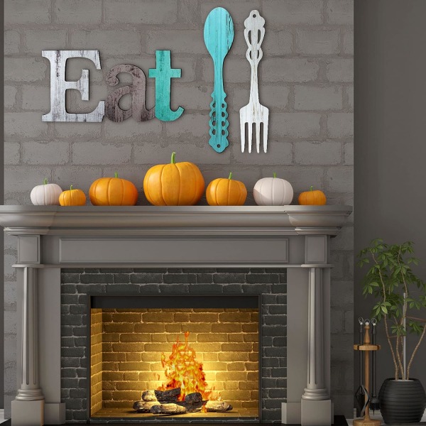 Set med EAT-skylt, gaffel och sked väggdekor, rustik trä ätdekor