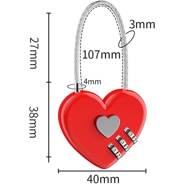 Hjerte Hængeslås Trådreb 3-cifret Kodekombination Lås Mini M,ZQKLA