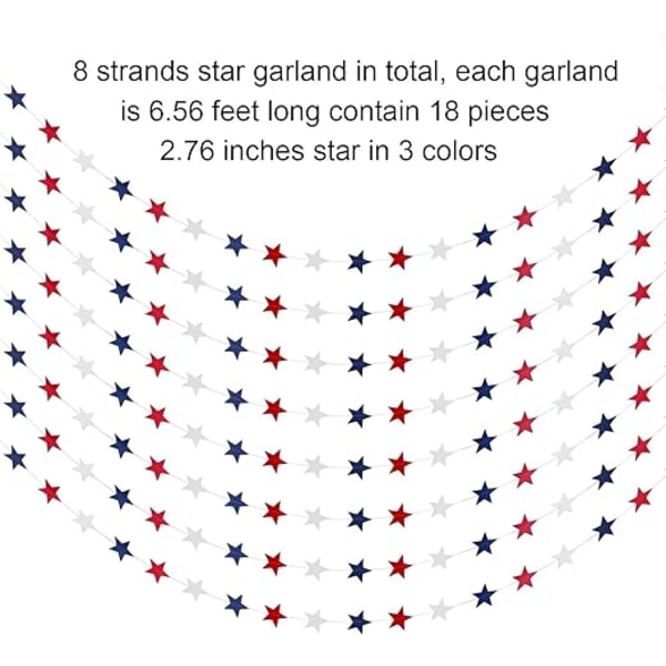 8 Strands Patriotic Star Streamers Banner Garland för 4:e ZQKLA