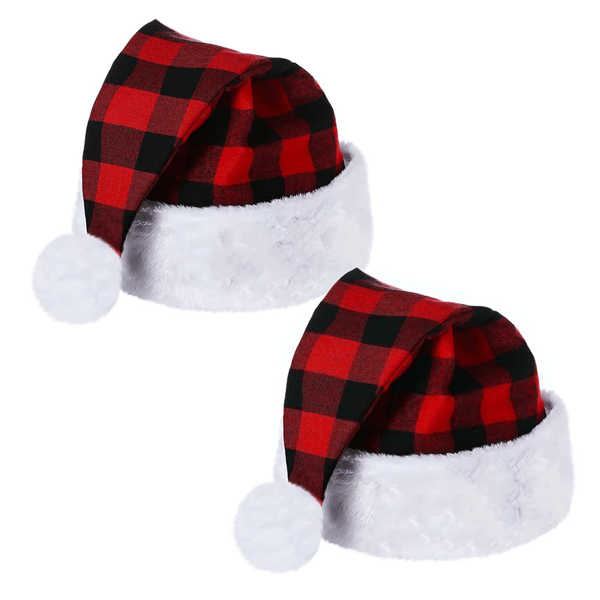 2 Styk Bløde Julemandshuer Buffalo Plaid Julehat til