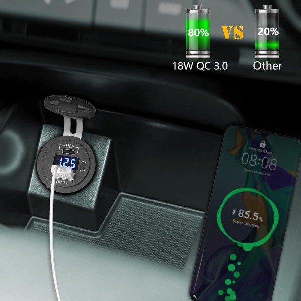 USB-C Bil Laddare Uttag, 12V/24V PD&QC 3.0 Biluttag med LED V
