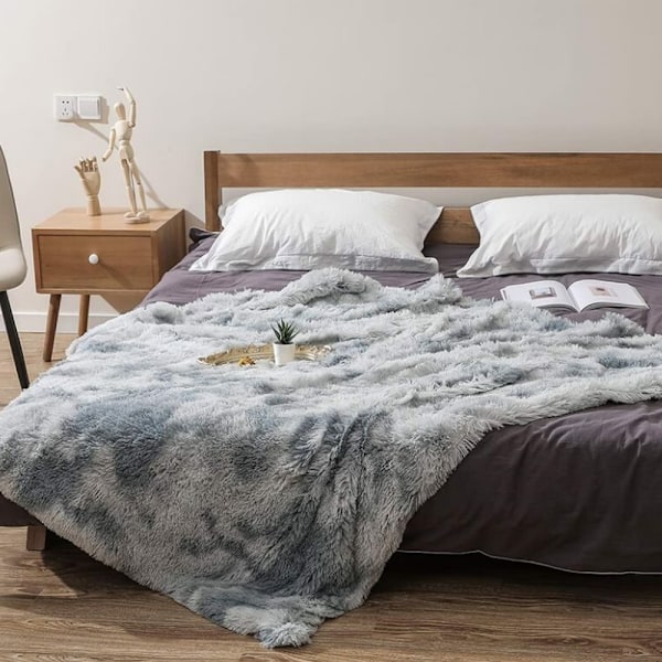 Tæppe, Fluffy Faux Fur Tæppe 160x200cm, Grå Fleece Plai, ZQKLA