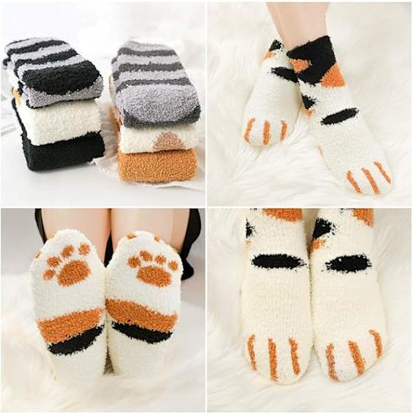 6 Par Fluffiga Kattpåtassar-Sockor, Fleece-Sockor Tjocka Varma Vintersockor