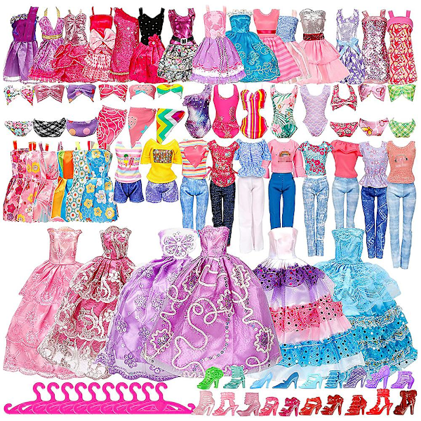 50-pack Barbie-dockkläder Toppar Byxor Klänningar Skor Mode Festtillbehör Set Barn Flickor Leksak Present