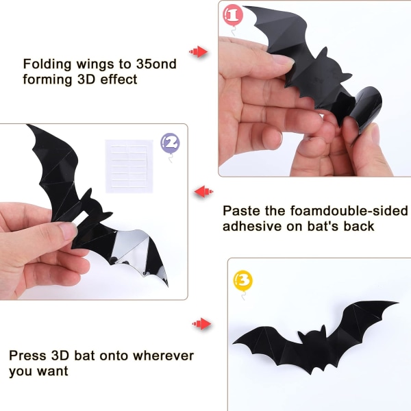 96 kpl 3D Lepakko Halloween-koristeita, Mustat PVC-lepakot seinätarra, ZQKLA