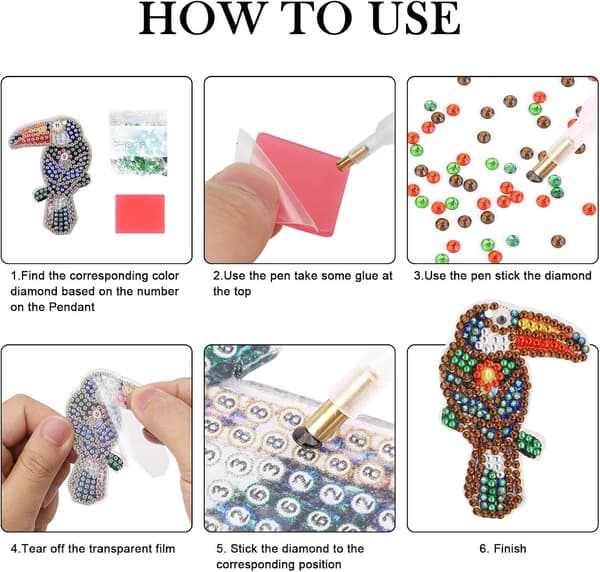 5 Stk. DIY 5D Fugle Diamantmaleri Nøglering, Rhinestone DIY D