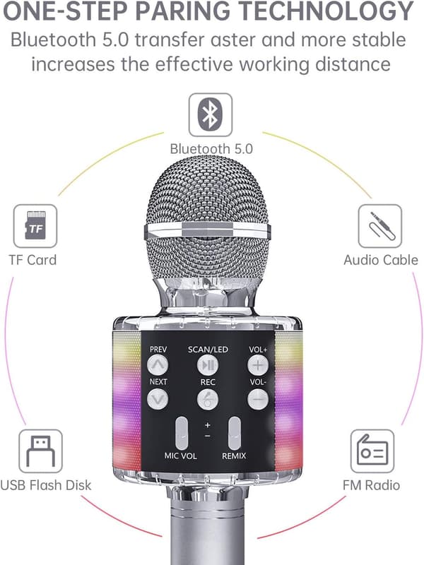 Karaoke Mikrofon (Silver) för Barn, Trådlös Bluetooth Kara, ZQKLA