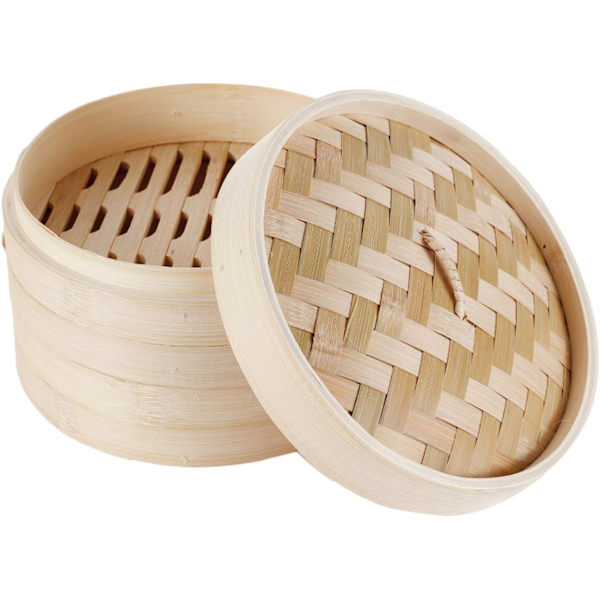 Naturlig bambu ångkokare, 2-vånings ångkokare med lock, perfekt för ångning, diameter 15cm