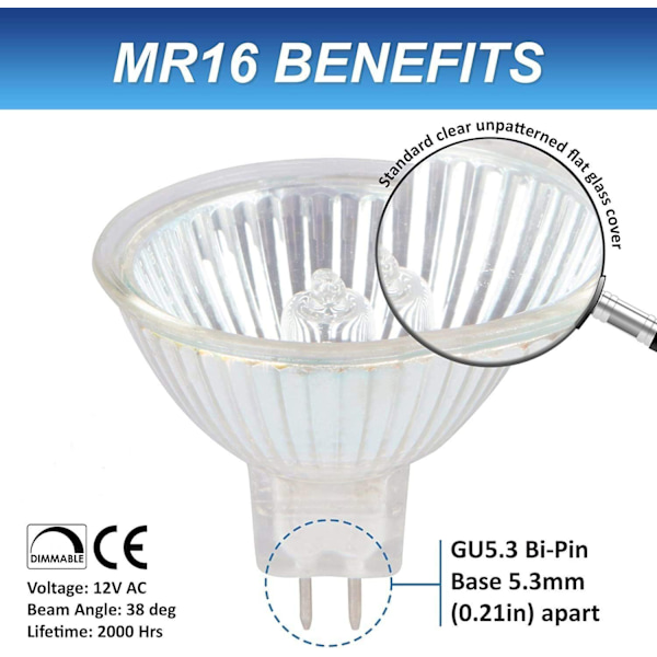 Halogenlampe MR16 12V 35W, 50W GU5.3 tosidig pin skinnelys spotlight lavspenning dimbar, 2182 JAZY 50W