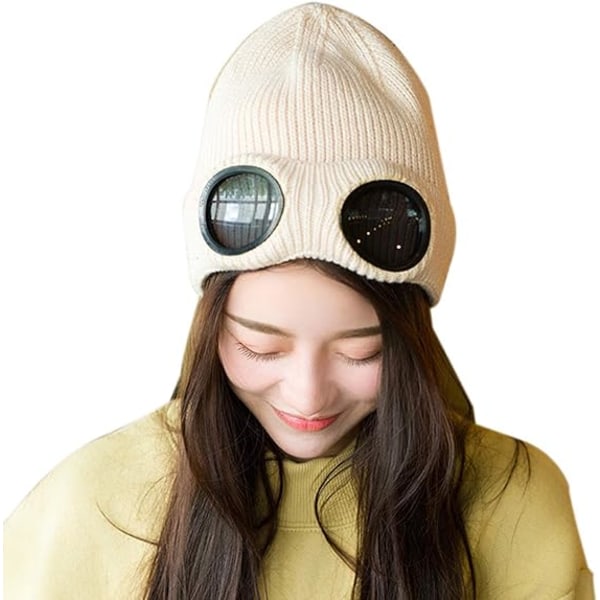 Unisex Mössa med Glasögon Stickad Vinter Chunky Beanie Hatt，Beige,ZQKLA