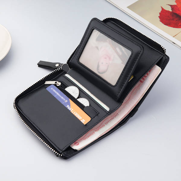 Plånböcker för män Äkta läder, Slim Zipper Herr Plånbok RFID-blockering med framficka（svart）