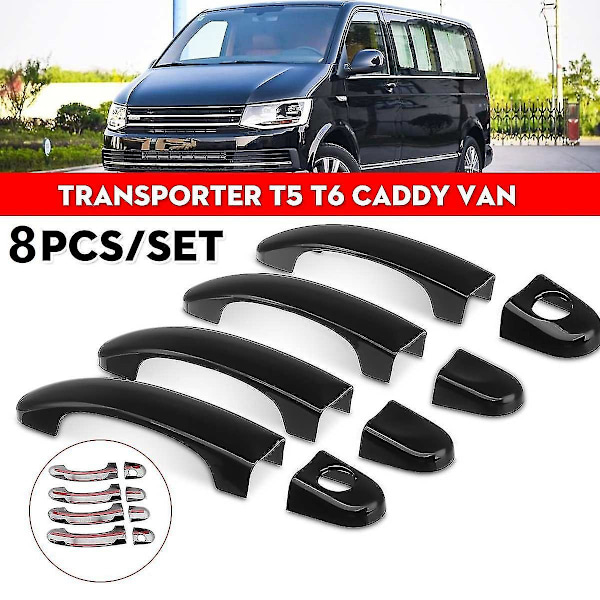 8 stk. sett ABS krom dørhåndtak deksler for TRANSPORTER T5 T6 VAN 2003-2015 Gloss Black