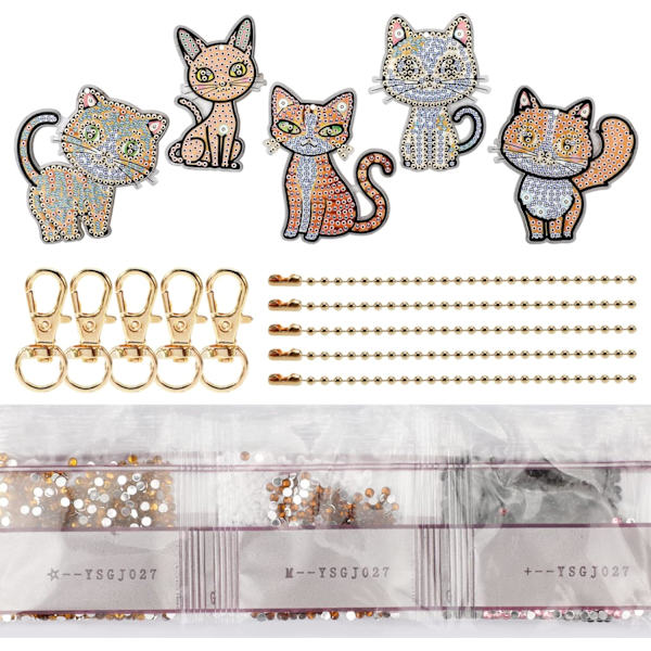 5 Stk. Kat Nøglering Diamantmaleri, 5D Diamantkunst Maleri Ke