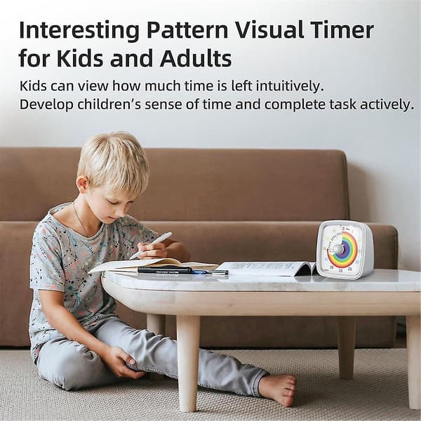 60-minutters visuel timer med nattelys, nedtællingstimer, Pomodoro-timer med regnbue mønster til børn og voksne Hvid