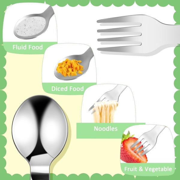 4 stk. småbørnsgaffel og skesæt, rustfrit stål babyredskaber, ZQKLA