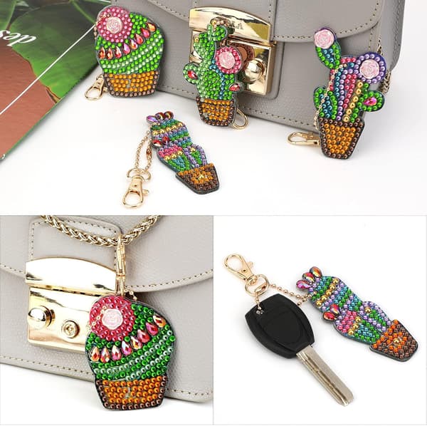 4 Stykker DIY 5D Kaktus Diamantmaleri Nøgleringe, DIY Rhinestone