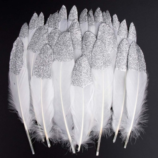 Färgglada fjädrar, 20st Silver White Dopped Feather Decorat, ZQKLA