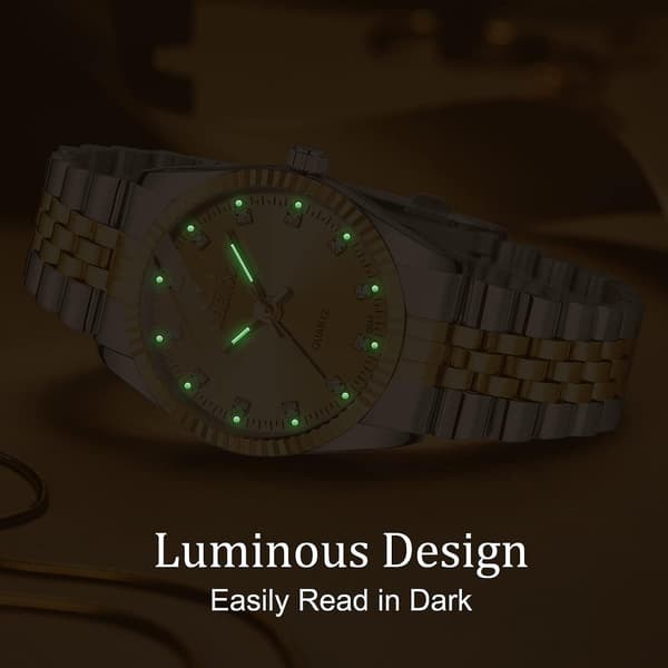 Dameure med rustfri stållænke, Quartz analog armbåndsur vandtæt lysende, luksus urskive dameur, G