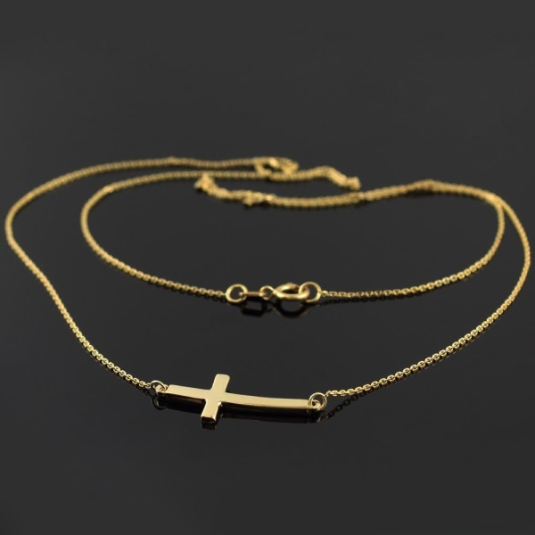 14K Gult Guld Sidledes Böjt Kors Halsband, ZQKLA
