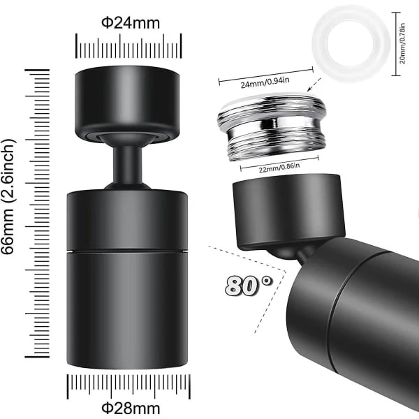 Hane Lufter, 360° drejelig dyse Køkkenhane (Sort), 2 tilstande Vandbesparende Hane Lufter, Spray Lufter