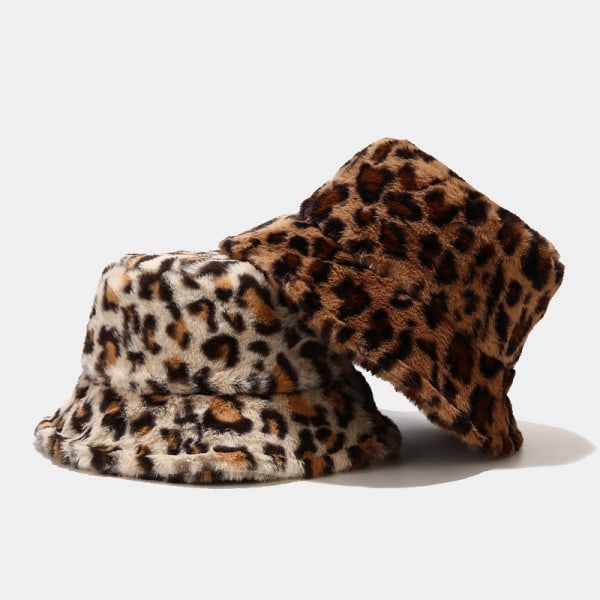 Varm och fluffig bucket hat i fuskpäls för dam, leopardmönstrad, ZQKLA