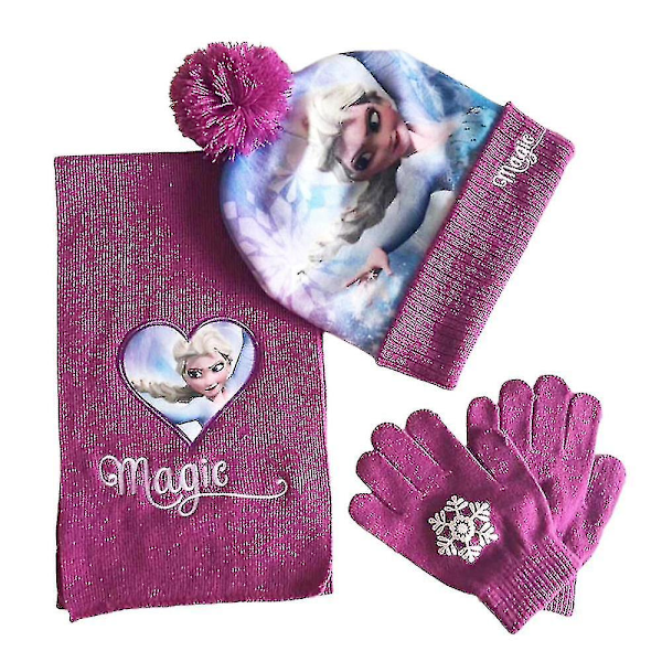 3pcs/set Kids Girls Frozen Elsa Hat, Scarf And Gloves Set Winter Warm Outdoor，Pink purple