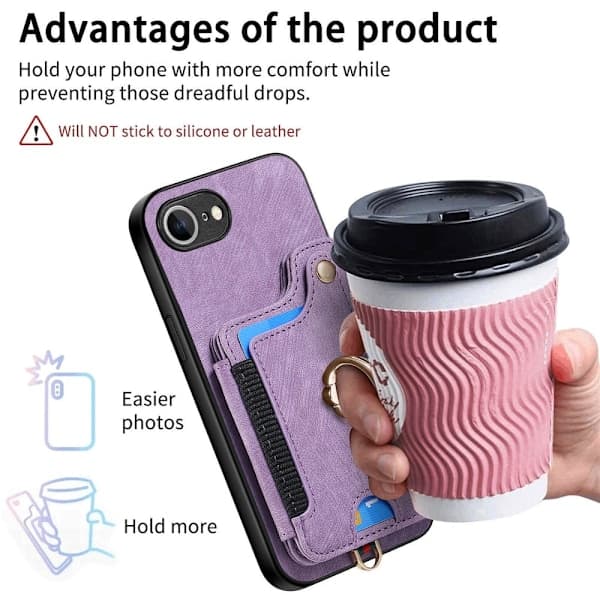 iPhone 16e Deksel Med Kortholder RFID Retro Lær Lilla,su