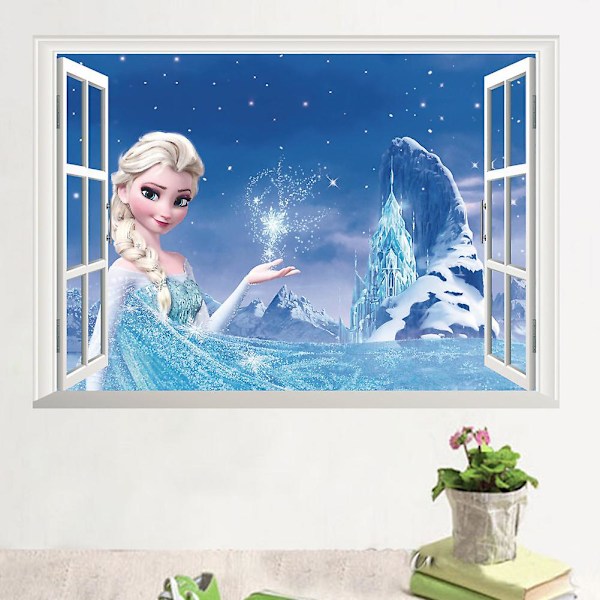 3d Frozen Princess Elsa Falsk Fönster Väggklistermärke Barnrum Dekor Tapet