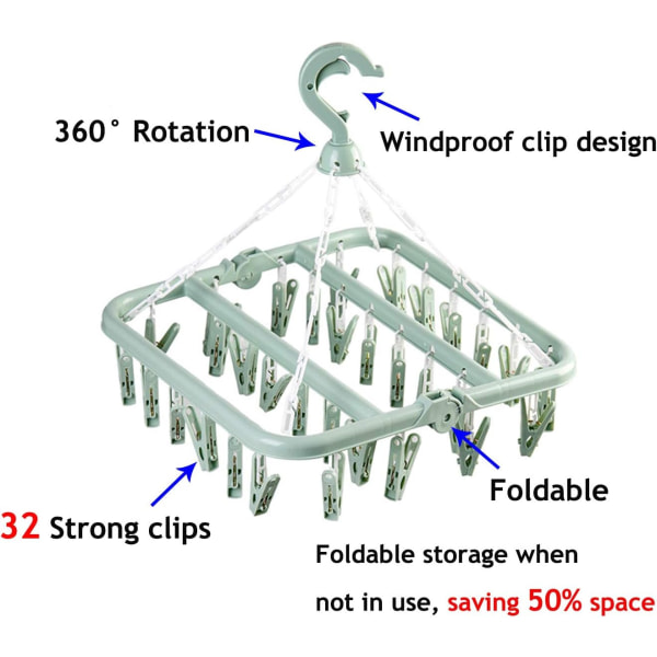 Foldbare klemmebøjler med 32 tørreclips, undertøjsbøjler, ZQKLA