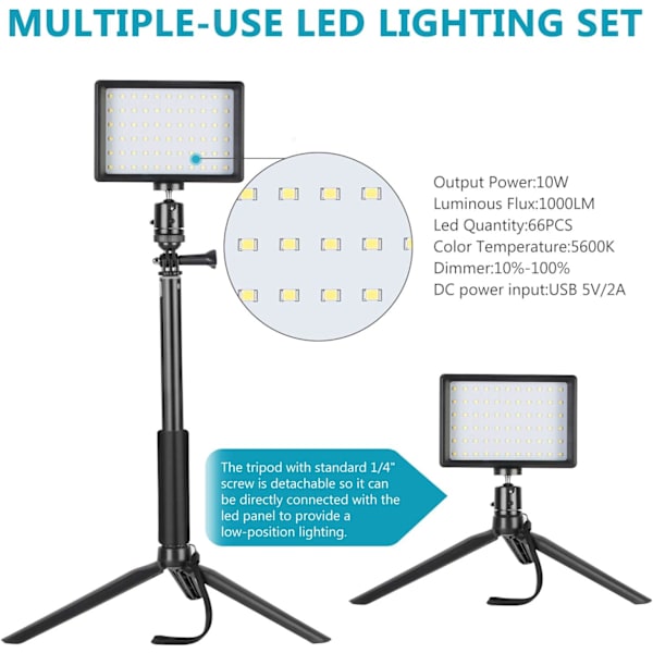 2 stk. dimbare 5600k USB LED videolamper med justerbart stativ, ZQKLA